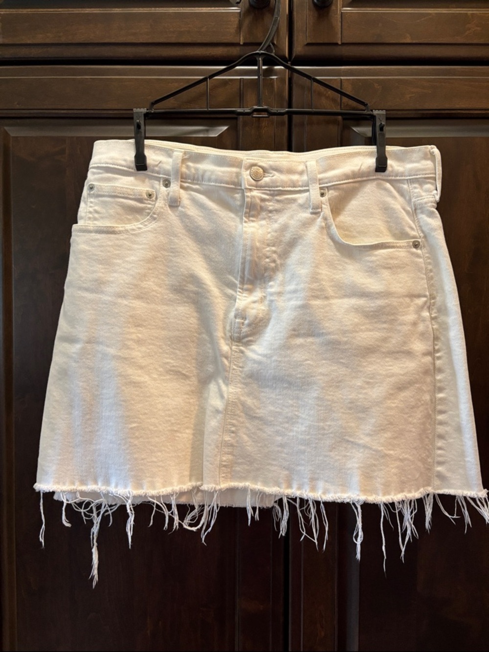 White Denim Frayed-Hem Mini Skirt (wears comfortably!)